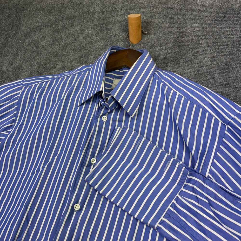 Ermenegildo Zegna Dress Shirt Mens L 15.5 Blue White Stripe Superfine Cotton